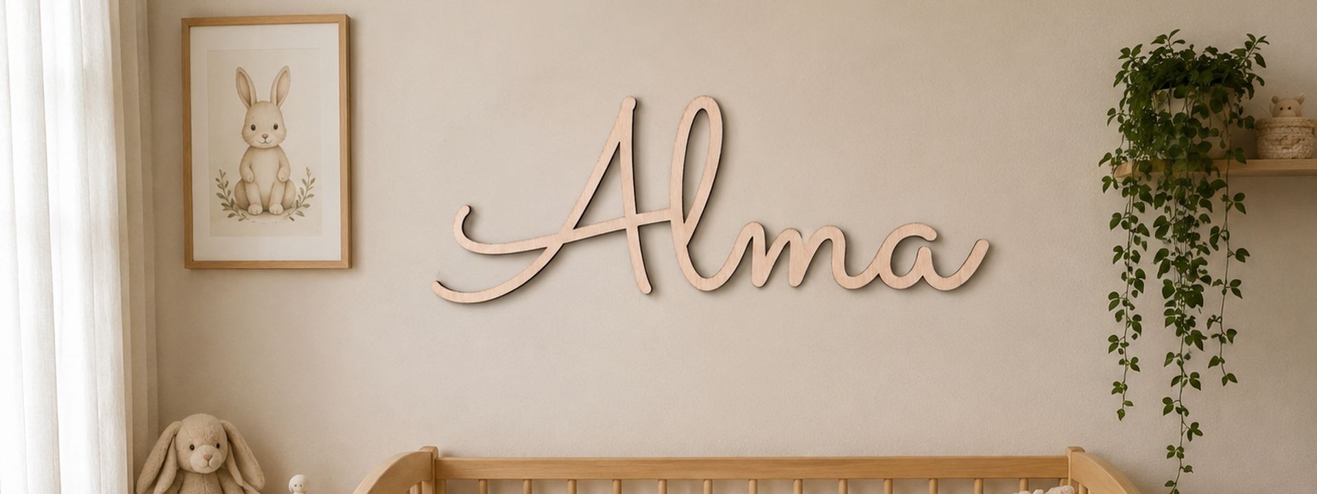 Prénom Alma en bois découpé au laser au mur d'une chambre d'enfant